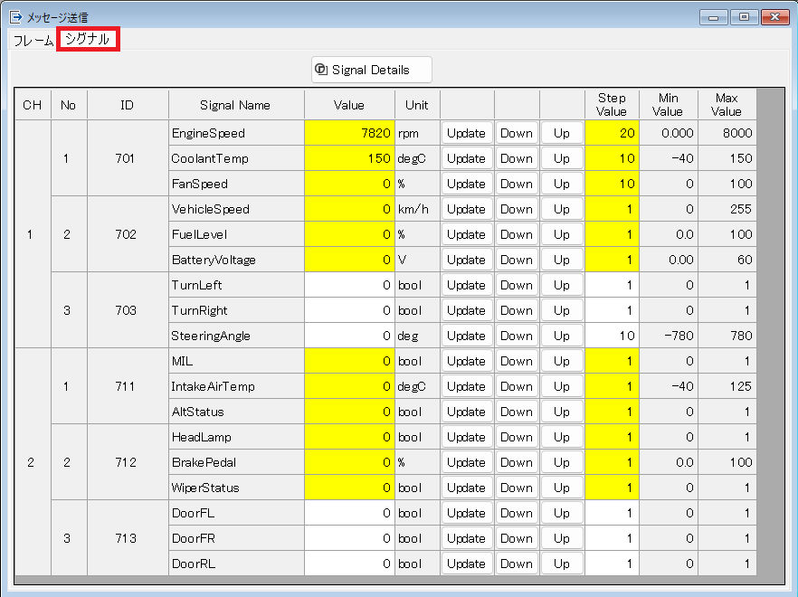 CAN/LIN 通信解析ツール CanLine-1　CANシグナル送信画面