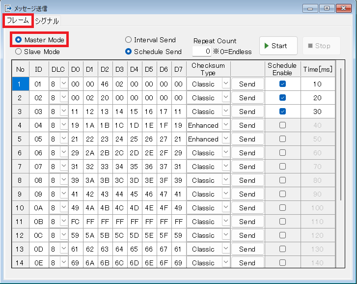 CAN/LIN 通信解析ツール CanLine-1　LINフレーム：マスターモード送信画面